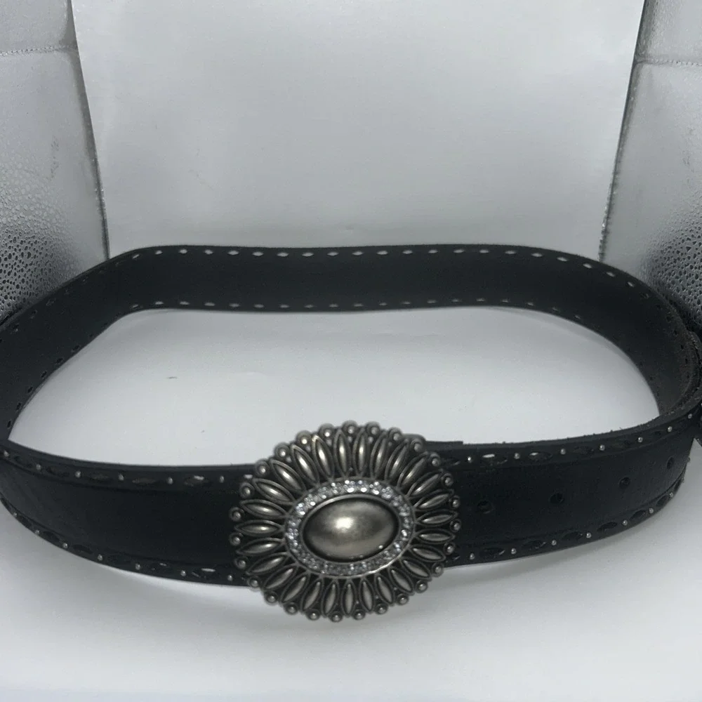 Fossil‎ Genuine Leather Boho Southwestern Belt Bronze Rhinestone Buckle Black L